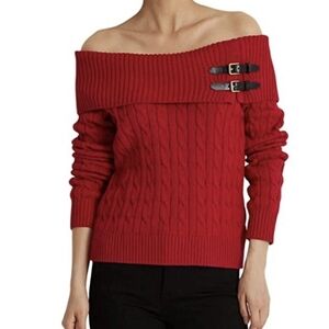 Lauren Ralph Lauren Red Cable Knit Buckle Cowl Neck Sweater Womens L NWOT